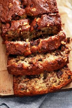 sliced loaf of banana nut bread on a cutting board