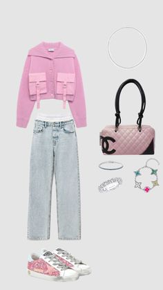 a pink sweater, jeans and handbag are arranged on a gray background with accessories