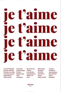 a poster with the words je t'aime, je t'aime written in red