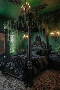 an ornate bed with moss growing on the headboard and foot board in a green bedroom