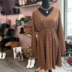 Beautiful Long Sleeve Dress Perfect For Weddings Or A Night Out 100% Polyester S/M/L Brown Fall Wedding Dress, V-neck Midi Dress For Fall Wedding, Fall Wedding V-neck Midi Dress, Fall Wedding Mini Dress, Fall Wedding Floral Print Dress, Flowy Long Sleeve Mini Dress For Wedding, Chic Mini Dress For Fall Wedding, Chic Fall Wedding Mini Dress, Fall Wedding Chic Mini Dress