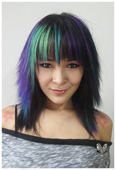 Bangs On Brown Hair, Hair Reference Long, Goth Hair Color, Goth Hair Color Ideas, Rainbow Bangs, Highlight Ideas, Guest Hair, Goth Hair, Dyed Hair Inspiration