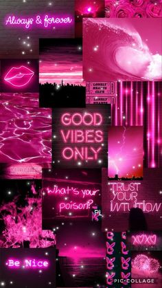 a collage of pink and purple images with neon text on the bottom right corner