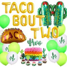 taco bout two birthday party supplies including balloons, cake, and cactus decorations with the words taco bout two on it