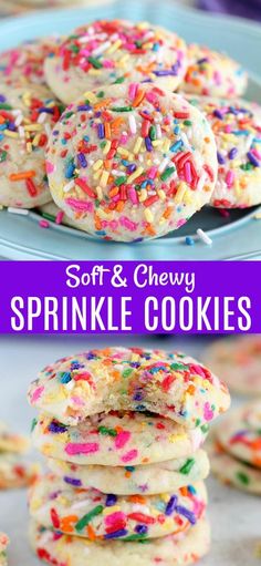 soft and chewy sprinkle cookies on a blue plate with the title above it