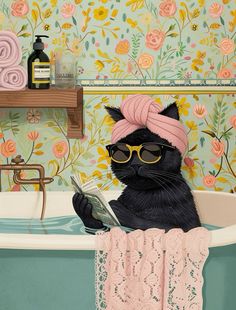 a cat sitting in a bathtub reading a book