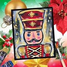 a painting of a nutcracker surrounded by christmas decorations