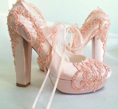 "Peach embellished lace wedding shoes for bride, custom heel heights available. Feel yourself like a princess in these peach wedding heels on your fairy tale night! Personalized wedding gift, peach bridesmaids shoes, custom engagement gift. Peach satin bridal shoes are designed with embroidered lace. Glass beads and shiny sequins are used on the embroidery and organza ribbons tie on the front. They are made of soft smooth satin and delicate lace, each handmade item is unique and can differ in de Custom Heels, Custom Engagement Gifts, Peach Bridesmaid, Lace Wedding Shoes, Wedding Shoes For Bride, Shoes Princess, Bridesmaids Shoes, Quinceanera Dresses Gold, Shoes For Bride