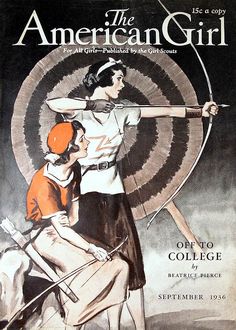 an advertisement for the american girl magazine, featuring two women aiming arrows at each other