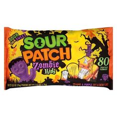 sour patch zombie kids candy bar on an orange and yellow wrapper with the word sour patch