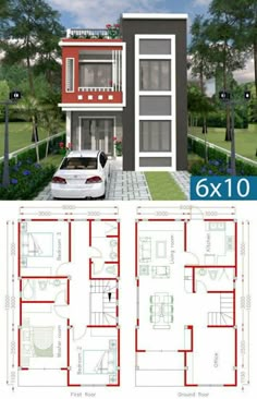 two story house plan with floor plans and measurements