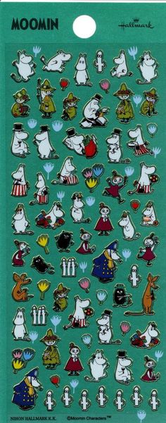 the moomin sticker sheet is green and has many different cartoon characters on it