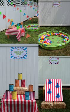 an outdoor party with colorful decorations and games