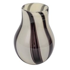 a white and black striped vase is shown on a white background with brown lines in the bottom