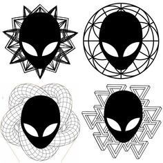 four alien heads are shown in black and white, each with an intricate design on it