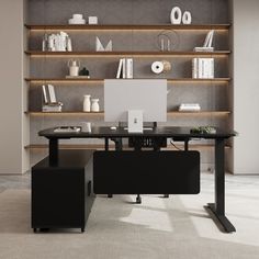 a desk with a computer on it in front of a bookshelf