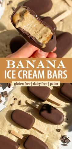 chocolate covered banana ice cream bars are being held up by someone's hand with the text overlay