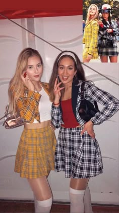 two girls dressed in plaid outfits posing for the camera