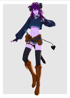 an animated character with purple hair and black boots, holding her arms out in the air