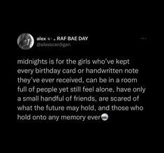 the text on the screen says, midnights is for the girls who kept every birthday card or handwritten note they've received