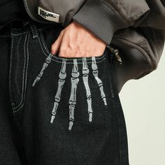 Crafted from soft denim fabric, these Skeleton Hand Embroidery Pants boast a striking mid-waist look and come with a durable zipper closure. DETAILSMaterial: DenimClosure Type: Zipper flyWaist Type: MID Straight Baggy Jeans, Alternative Fashion Outfits, Mens Casual Jeans, Embroidery Pants, Painted Clothes Diy, Body Dimensions, Denim Pants Mens, Skull Hand, Painted Jeans