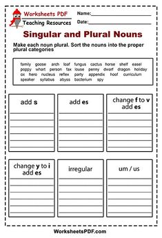 worksheet for using singular and plural nounts to teach english