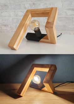 a wooden lamp with a light bulb in the shape of a triangle on top of it