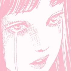 a drawing of a woman's face with long hair and blue eyes, pink background