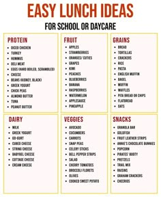 the easy lunch ideas list for school or daycare is shown in red and yellow