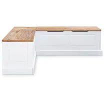 a white bench with wooden top and two drawers on the back side, against a white background