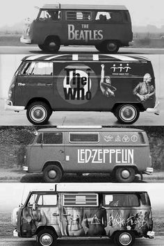 four different vans with the beatles on them