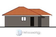 the front view of a house with an orange tiled roof and door on it's side