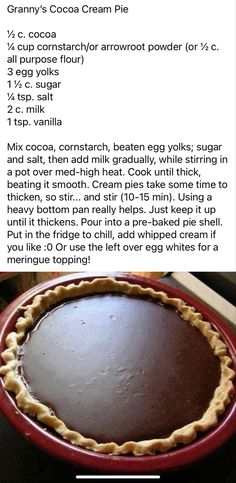 an image of a chocolate pie with instructions on the bottom and in the top right corner