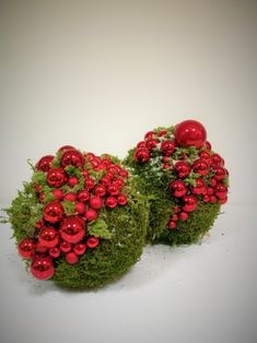 two red ornaments sitting on top of green moss covered balls with berries and greenery