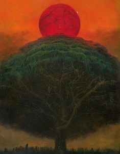 a painting of a red ball on top of a tree with an orange sky in the background