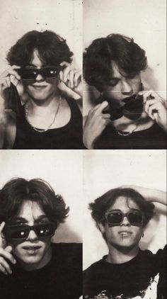 black and white photograph of woman with sunglasses on her face, four photos of the same person