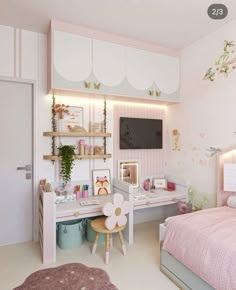 a bedroom with pink and white decor in it