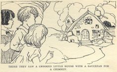 an old children's book with a drawing of two kids looking at a house