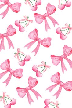 pink bows and cherries on a white background with watercolor effect by artist susan grisby