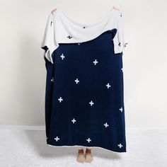 Navy / White Reversible Stars Butterfly Cocoon, Navy Blanket, Star Blanket, Knit Throw, Knit Throw Blanket, White Blanket, Knitted Throws, Feel It, Knitted Blankets