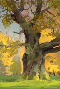 a painting of a tree in the middle of a park with yellow leaves on it