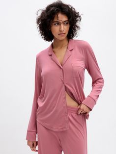 Modal Pajama Shirt | Gap Misty Rose, Sleep Shirt, Pajama Shirt, Raw Material, Black Heart, The Gap, Petite Size, Lapel Collar, Pajamas Women