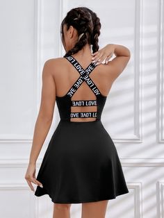 Black   Sleeveless Polyester Letter  Embellished High Stretch  Women Activewear Active Dress, Fabric Letters, Sport Dress, Black Sleeveless, Active Wear For Women, Dress P, Online Clothing, Criss Cross, Dresses Online