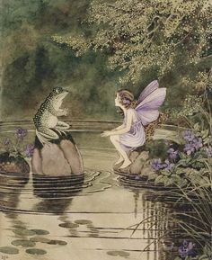 a fairy sitting on top of a rock next to a pond with a frog in it