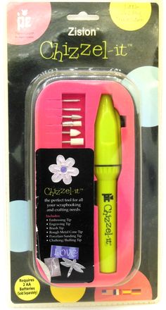 a pink and yellow toy with a green pen in it's package on a white background