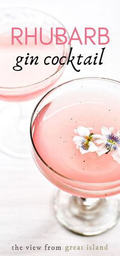 two glasses filled with pink gin cocktails on top of a white table next to the words rhubarb gin cocktail