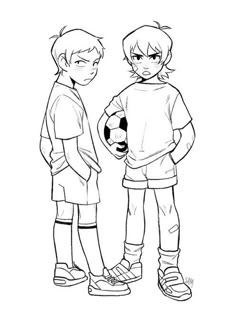 two young boys standing next to each other, one holding a soccer ball and the other looking