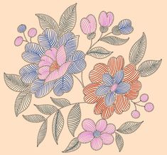 an image of some flowers on a pink background with blue and red lines in the center