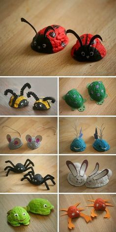 several pictures of different types of bugs on a table with text overlay that reads, how to make paper mache bugs