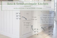 the measurements for kitchen cabinets are shown in green and white with text overlay that reads ikea & sehnhandade kitchen